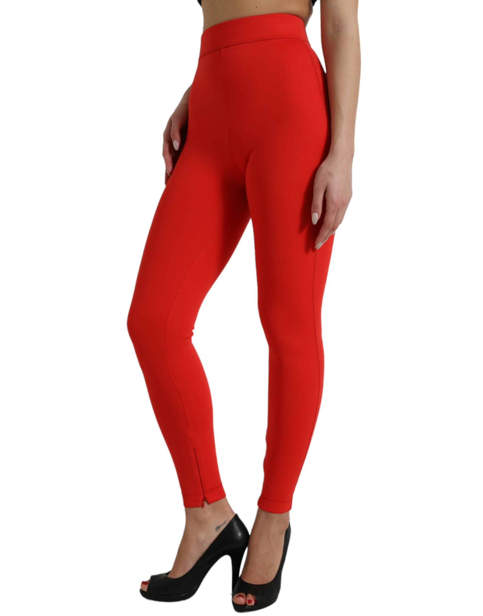 Red leggings on a model