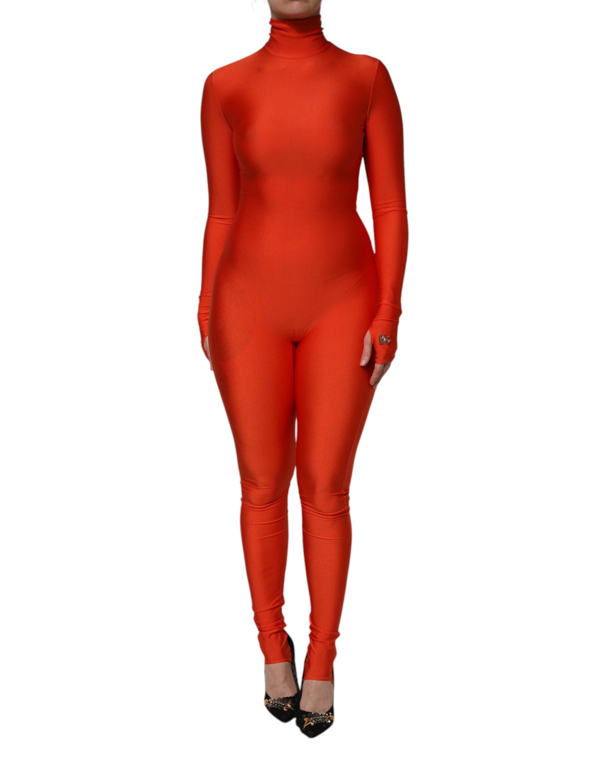 A red body-hugging jumpsuit dress with a turtleneck