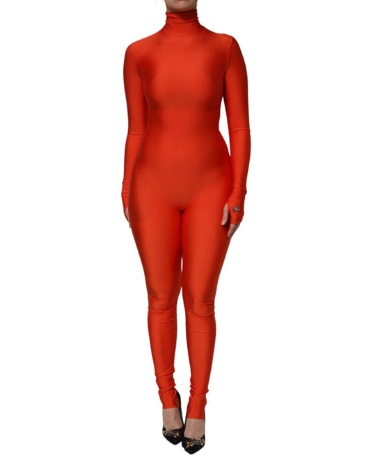 A red body-hugging jumpsuit dress with a turtleneck
