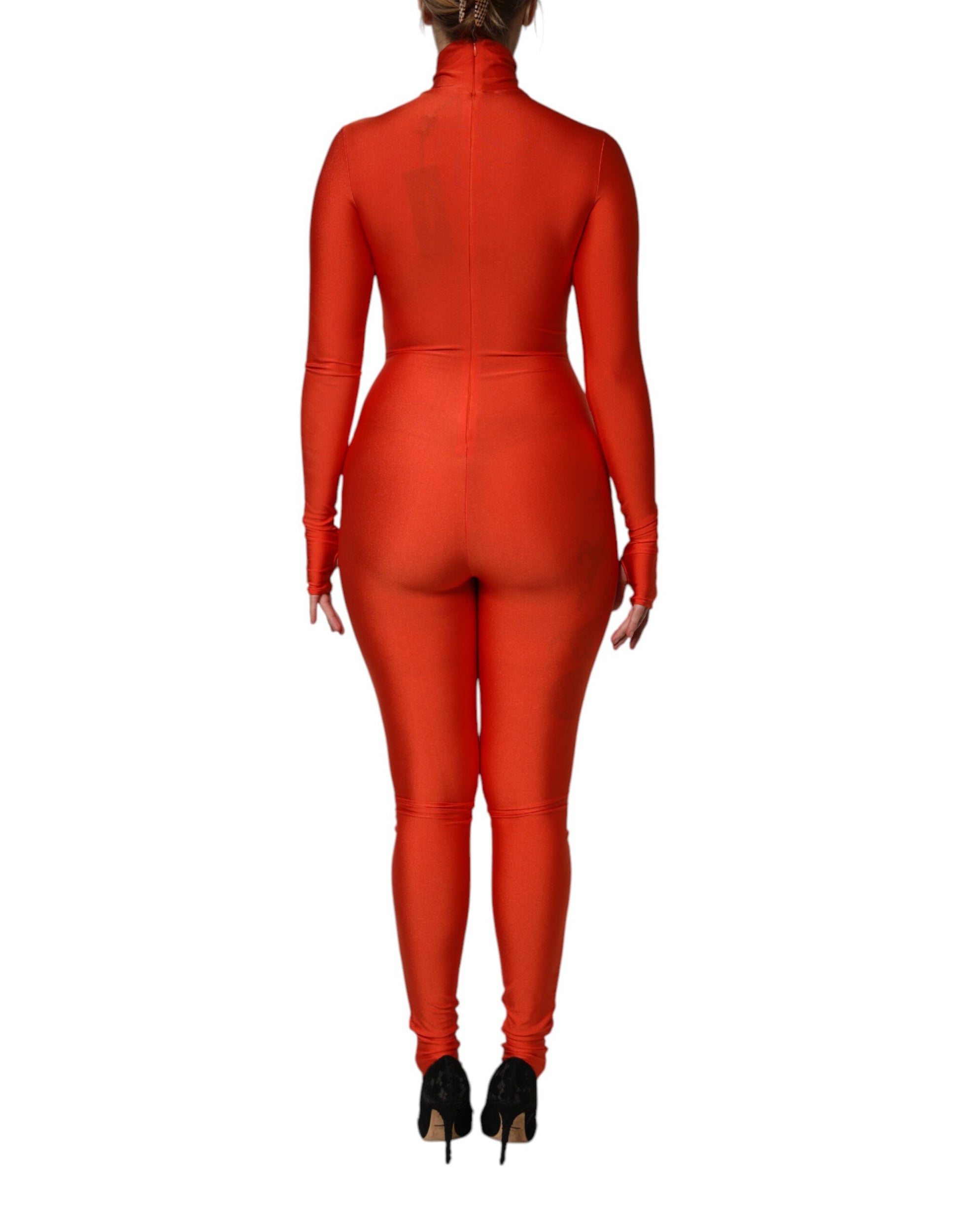 A red bodycon jumpsuit dress with a turtleneck