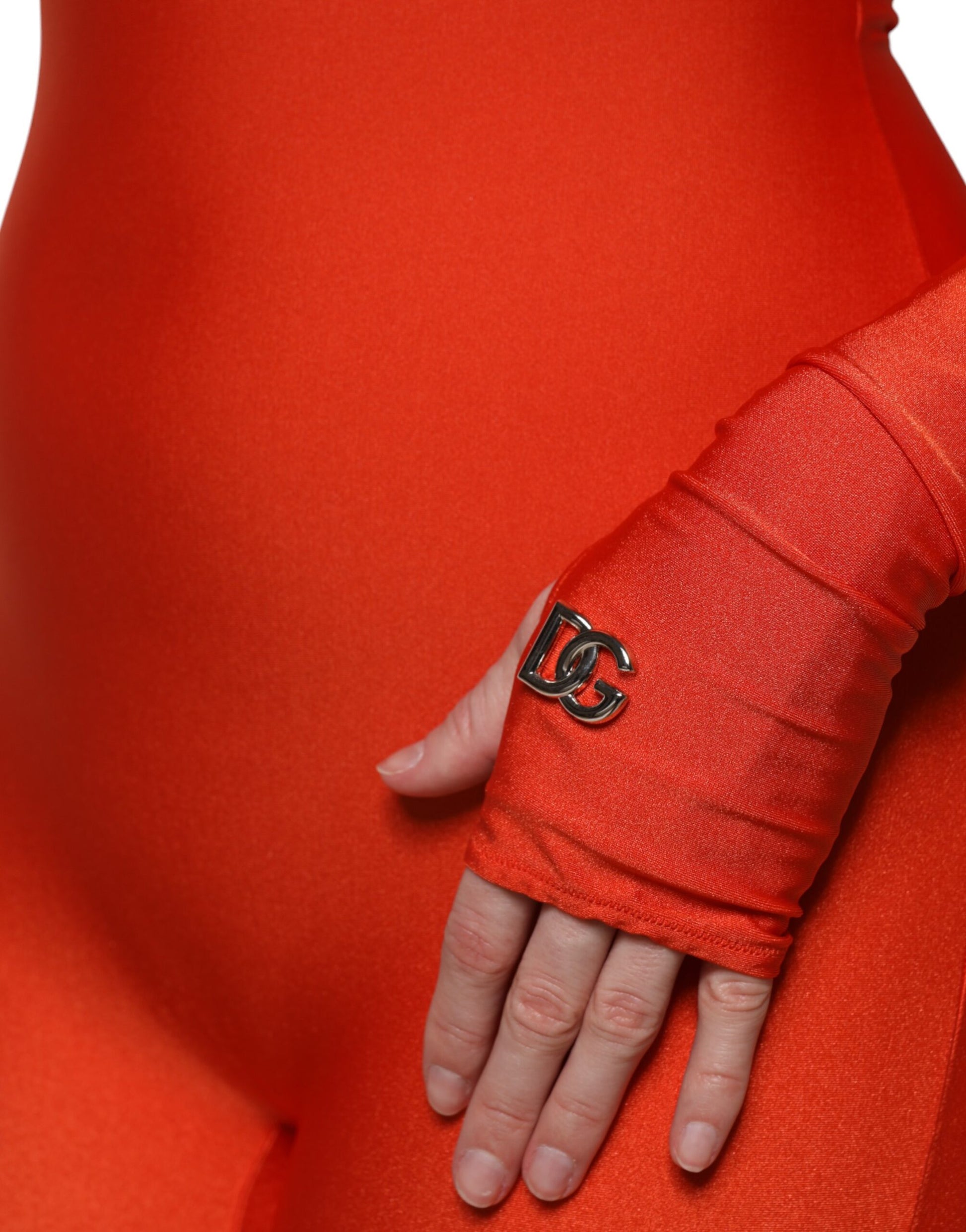 A red nylon turtleneck bodycon jumpsuit dress