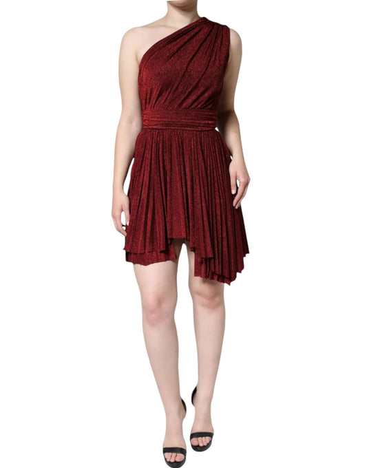 A red one shoulder pleated A-line mini dress from the brand Dolce & Gabbana