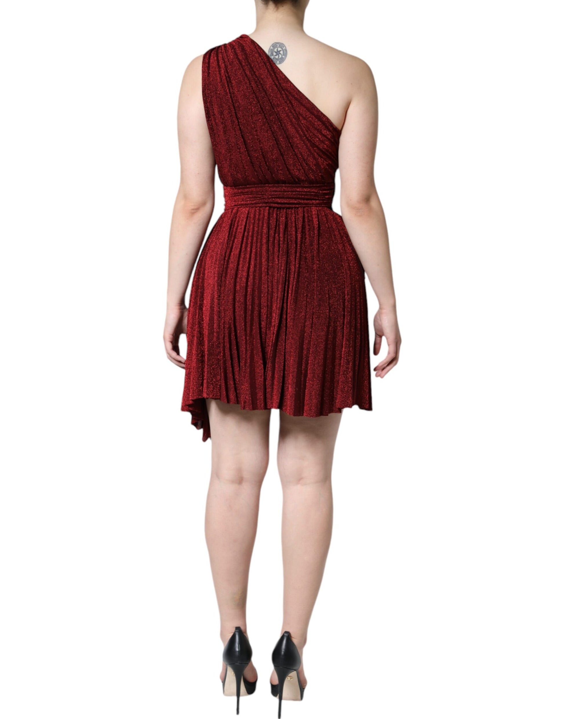 A red one shoulder pleated A-line mini dress from the brand Dolce & Gabbana