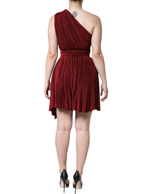 A red one shoulder pleated A-line mini dress from the brand Dolce & Gabbana