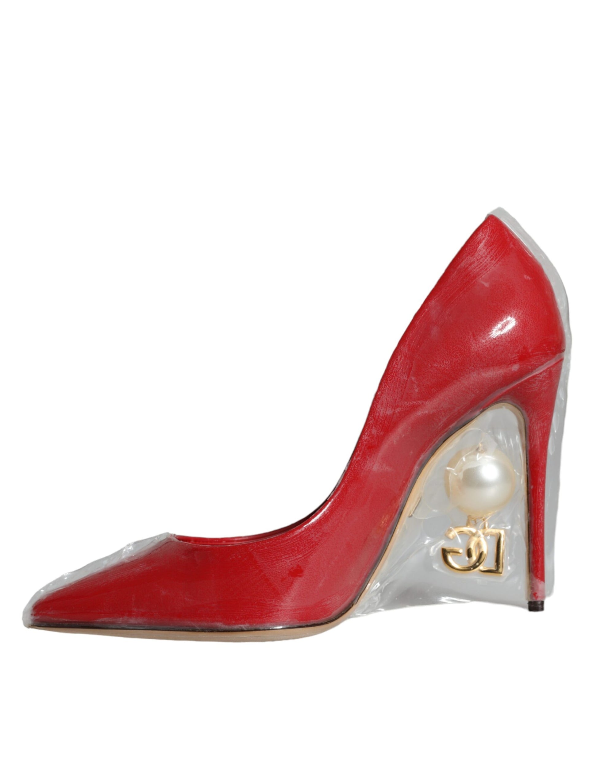 Red high heel shoe with pearl embellishment on toe