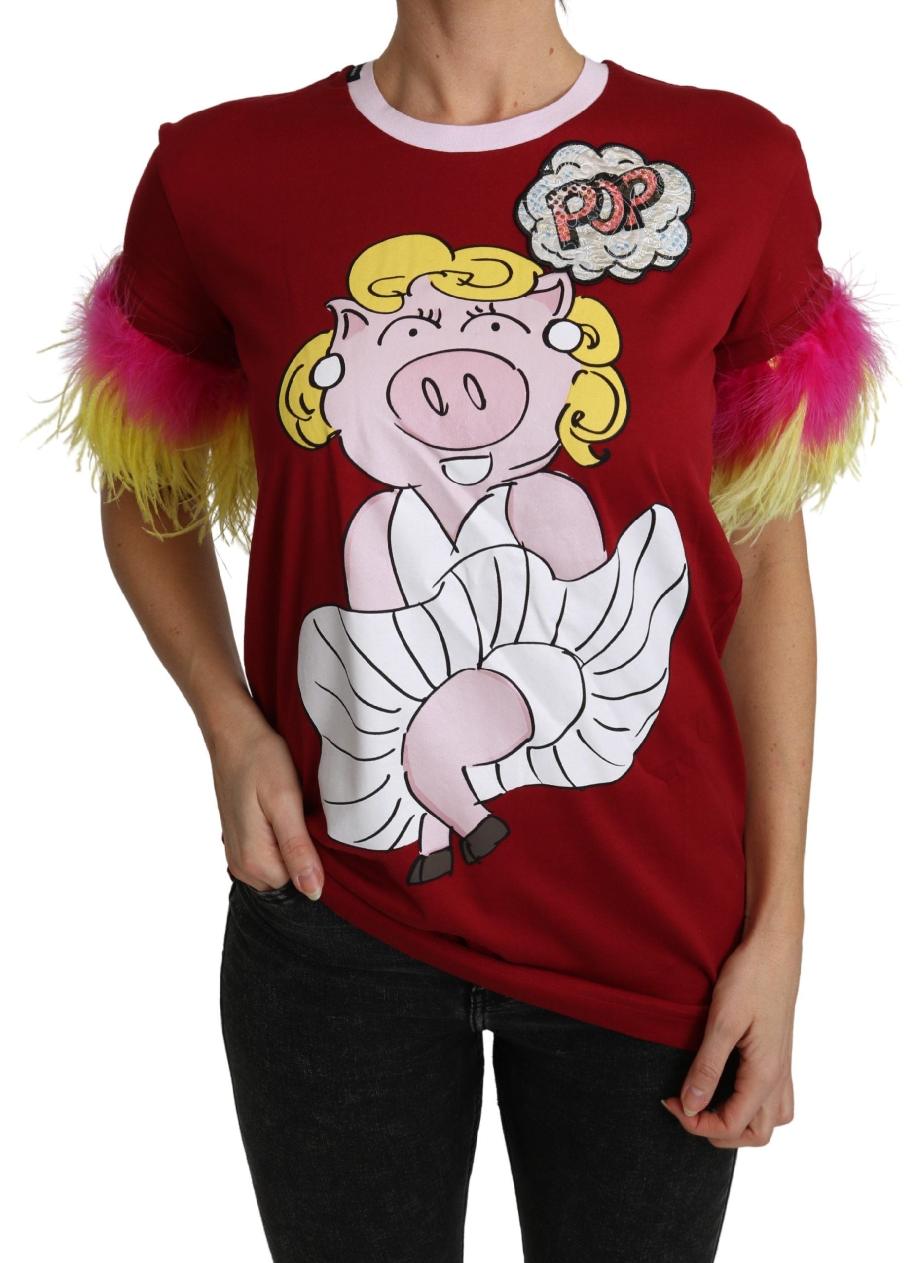 Red t-shirt with cartoon pig on front