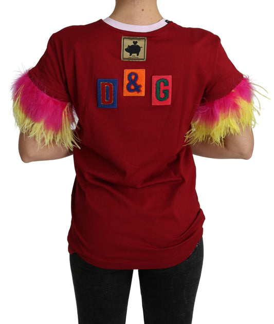 Red shirt with colorful sleeves