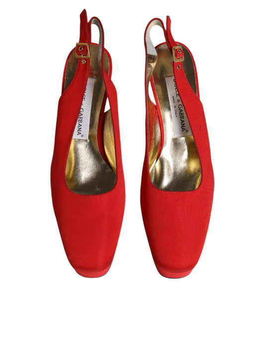 Red high heel shoes with gold accents