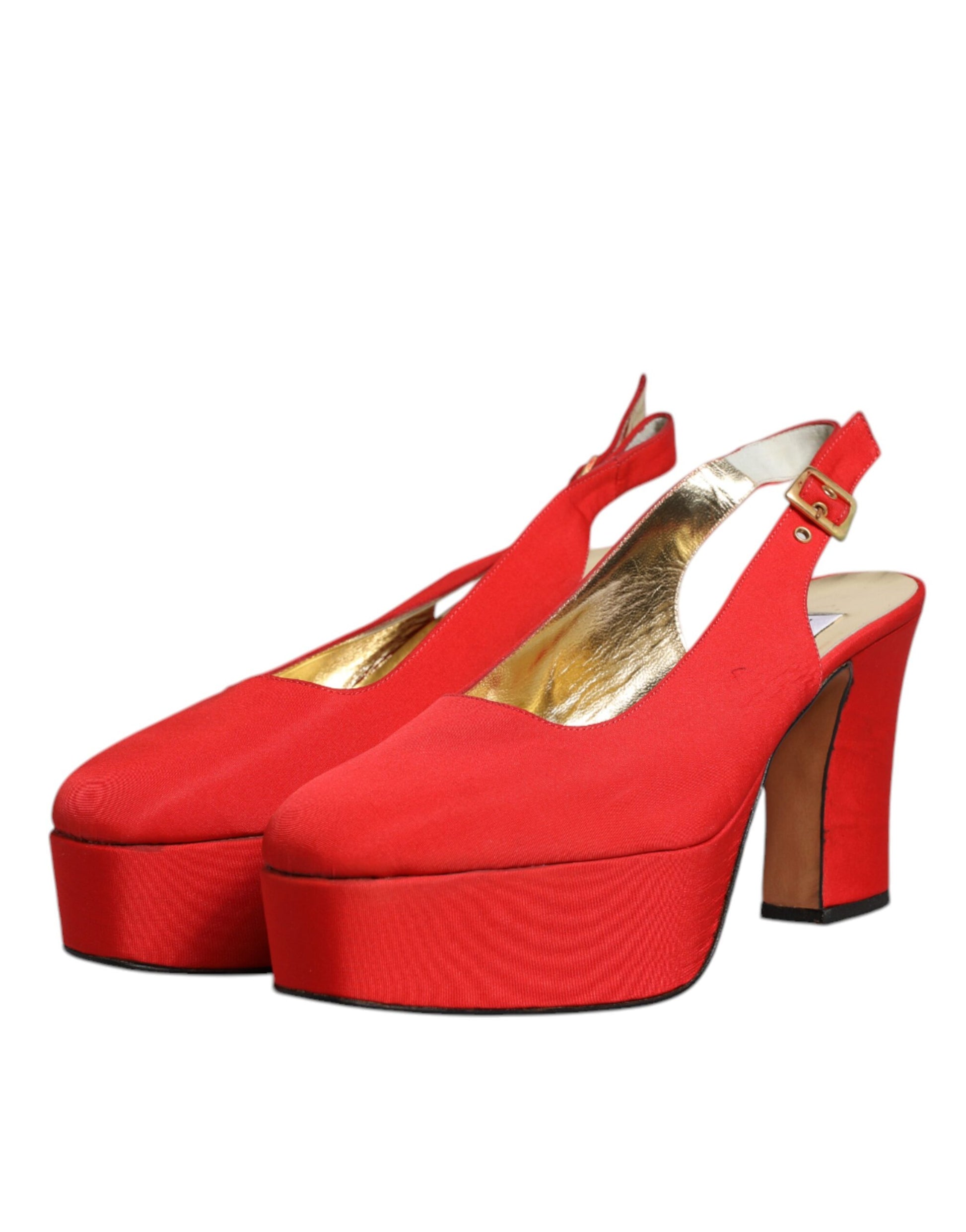 Red high heel shoes with gold accents
