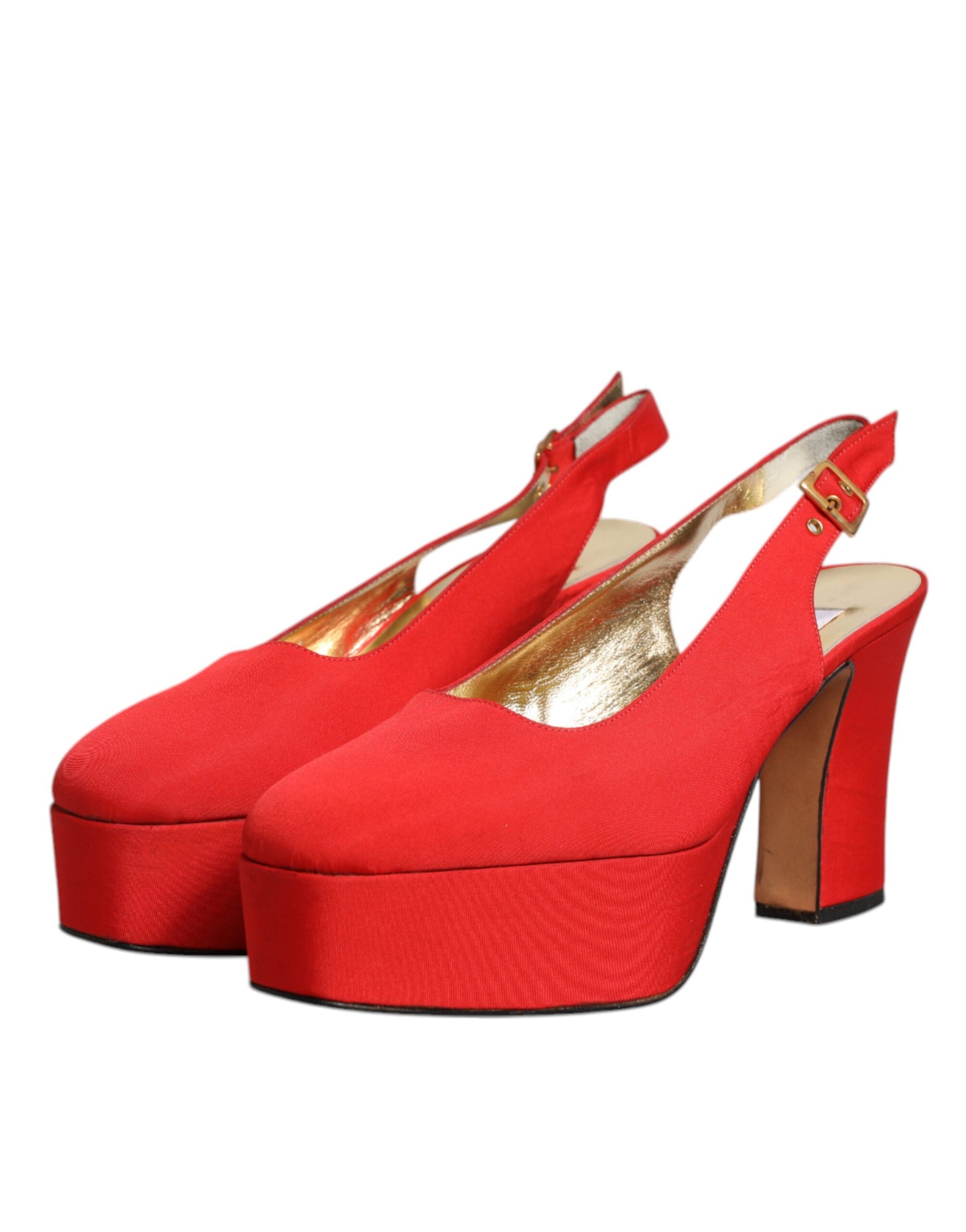 Red high heel shoes with gold accents