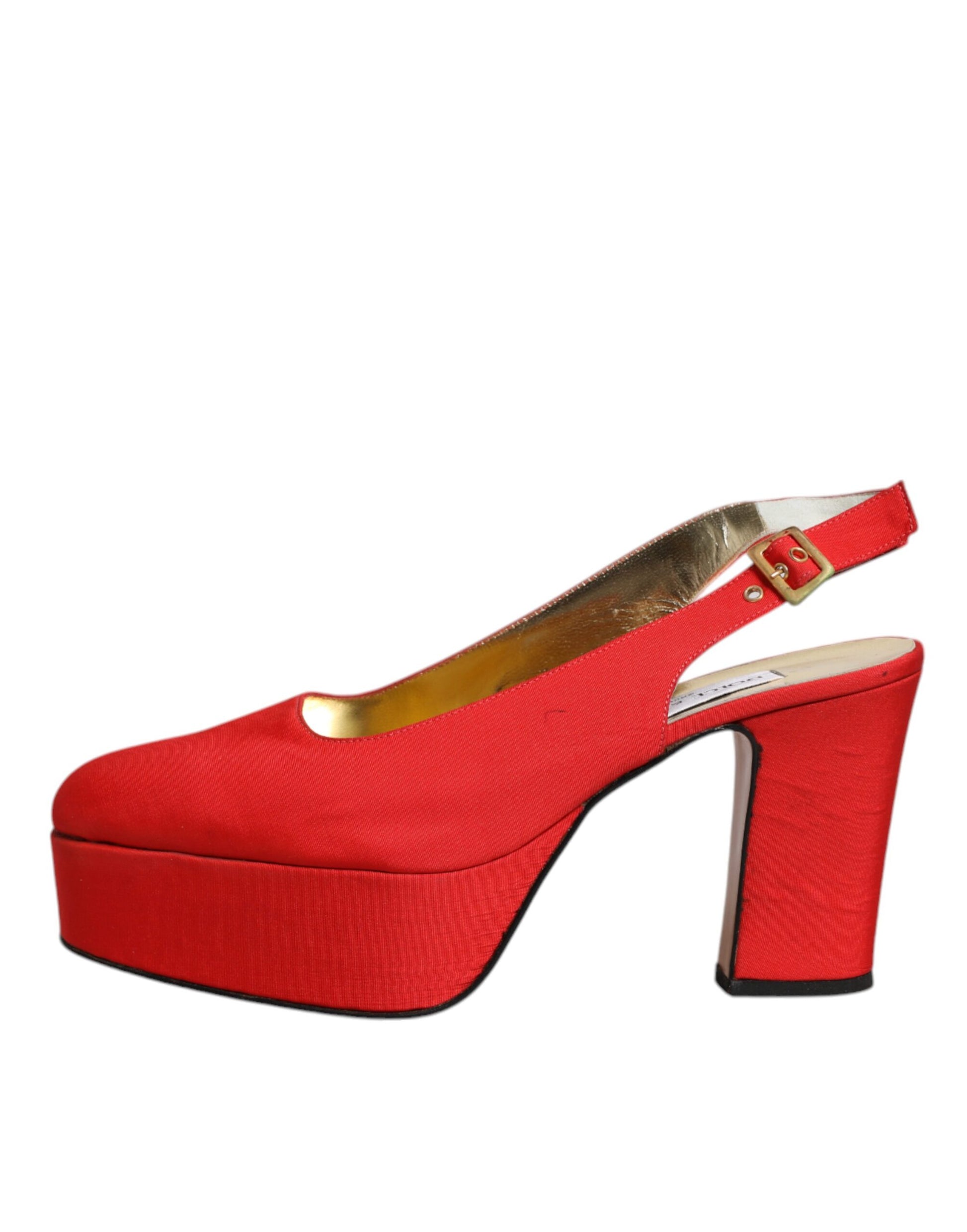 Red high heel shoes with gold accents