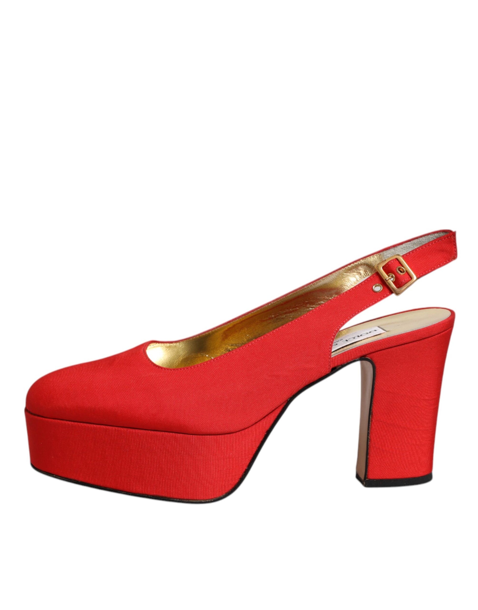 Red high heel shoes with gold accents