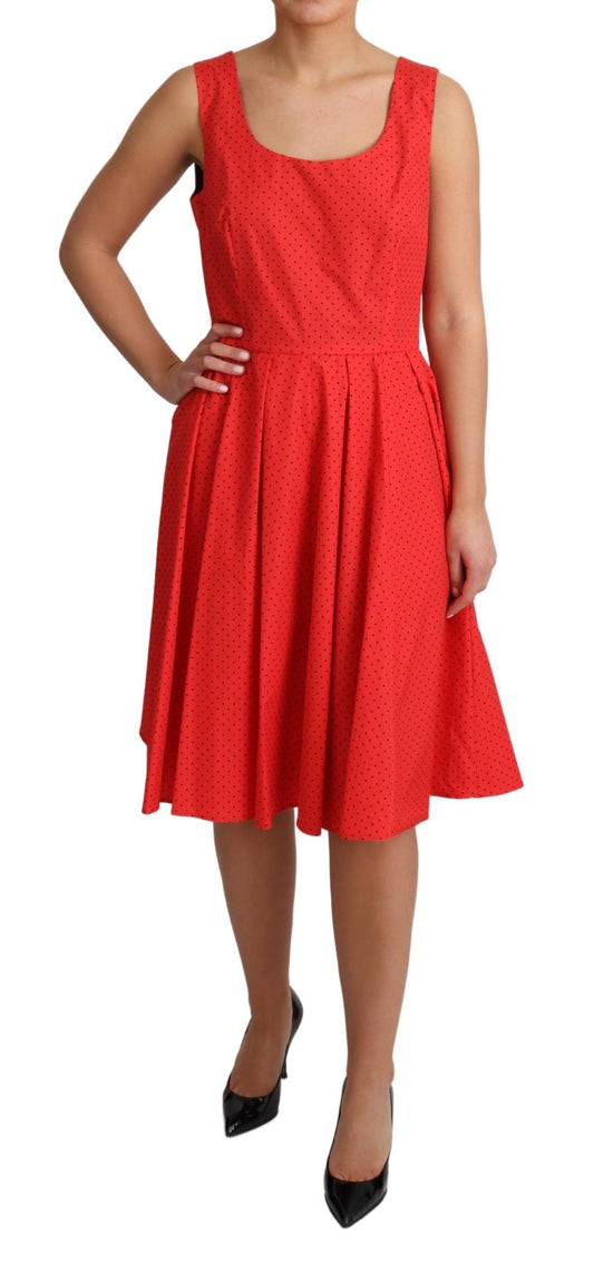 Red polka dotted cotton dress with A-line skirt