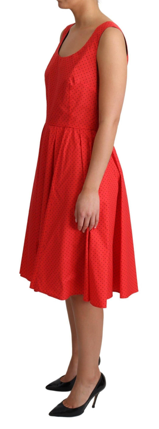 Red polka dotted cotton dress with A-line skirt