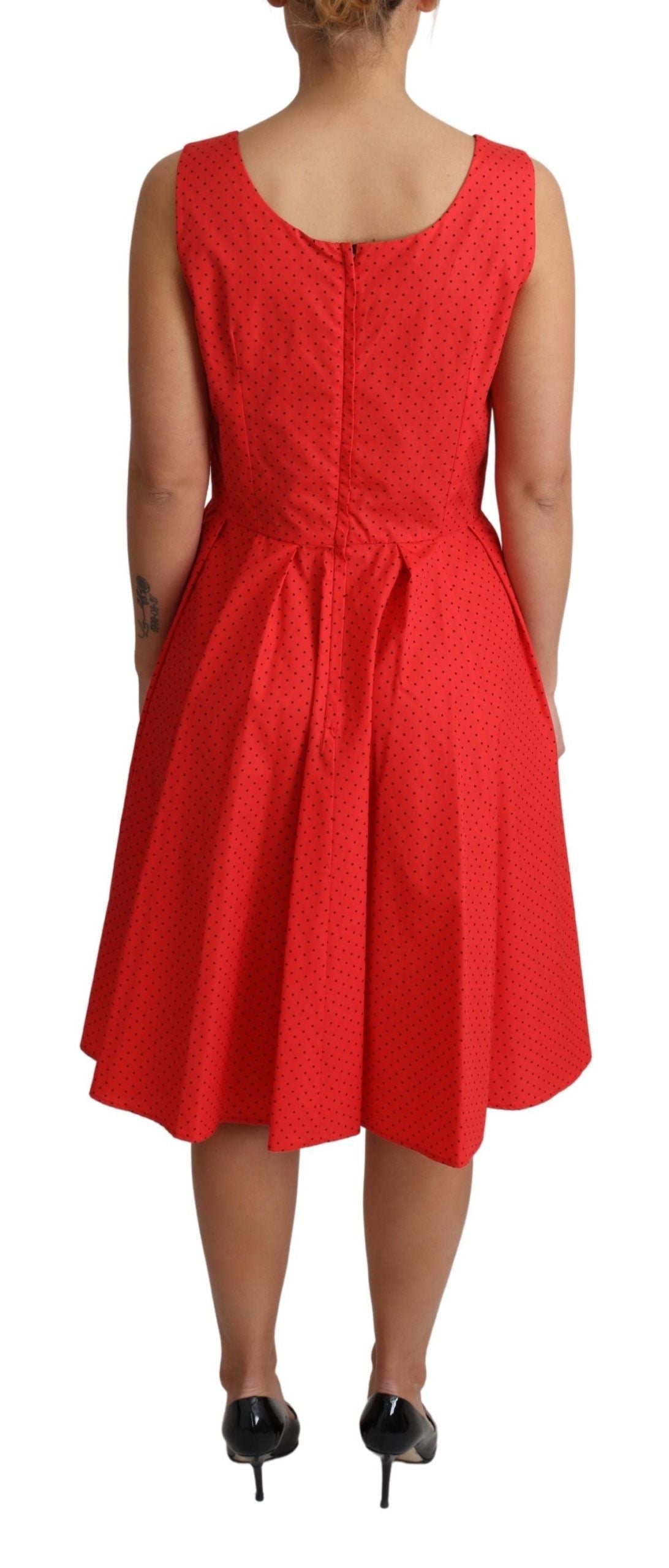 Red polka dotted cotton dress with A-line silhouette
