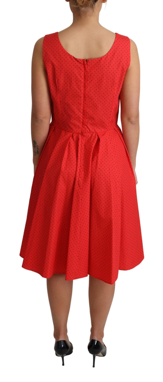 Red polka dotted cotton dress with A-line silhouette