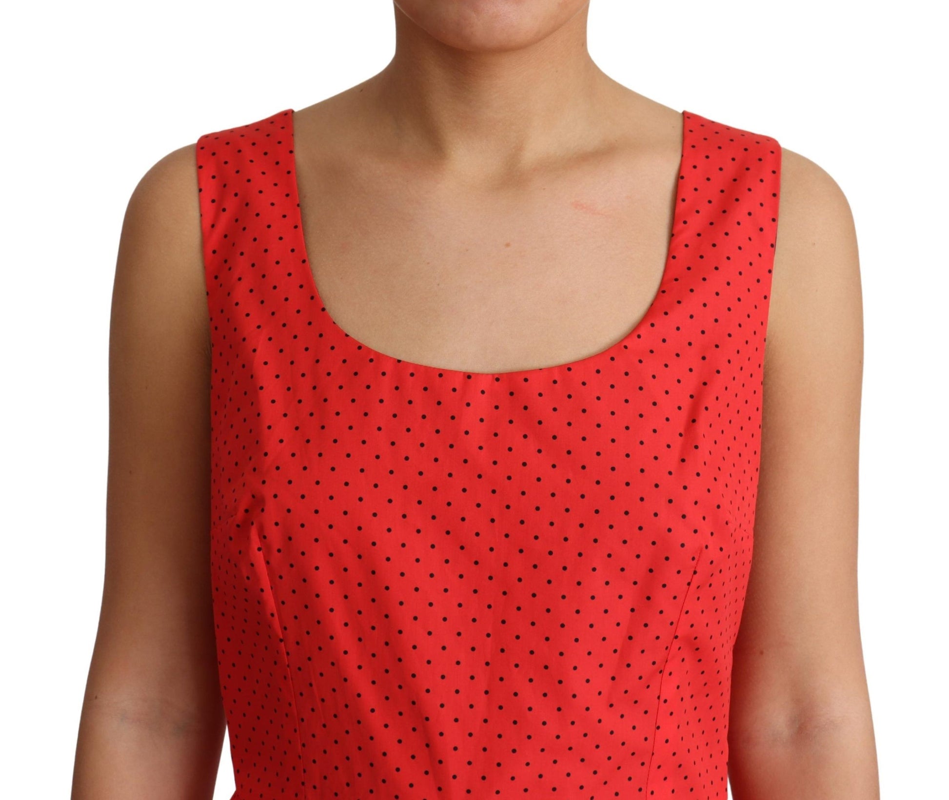 Red polka dotted cotton dress with A-line silhouette