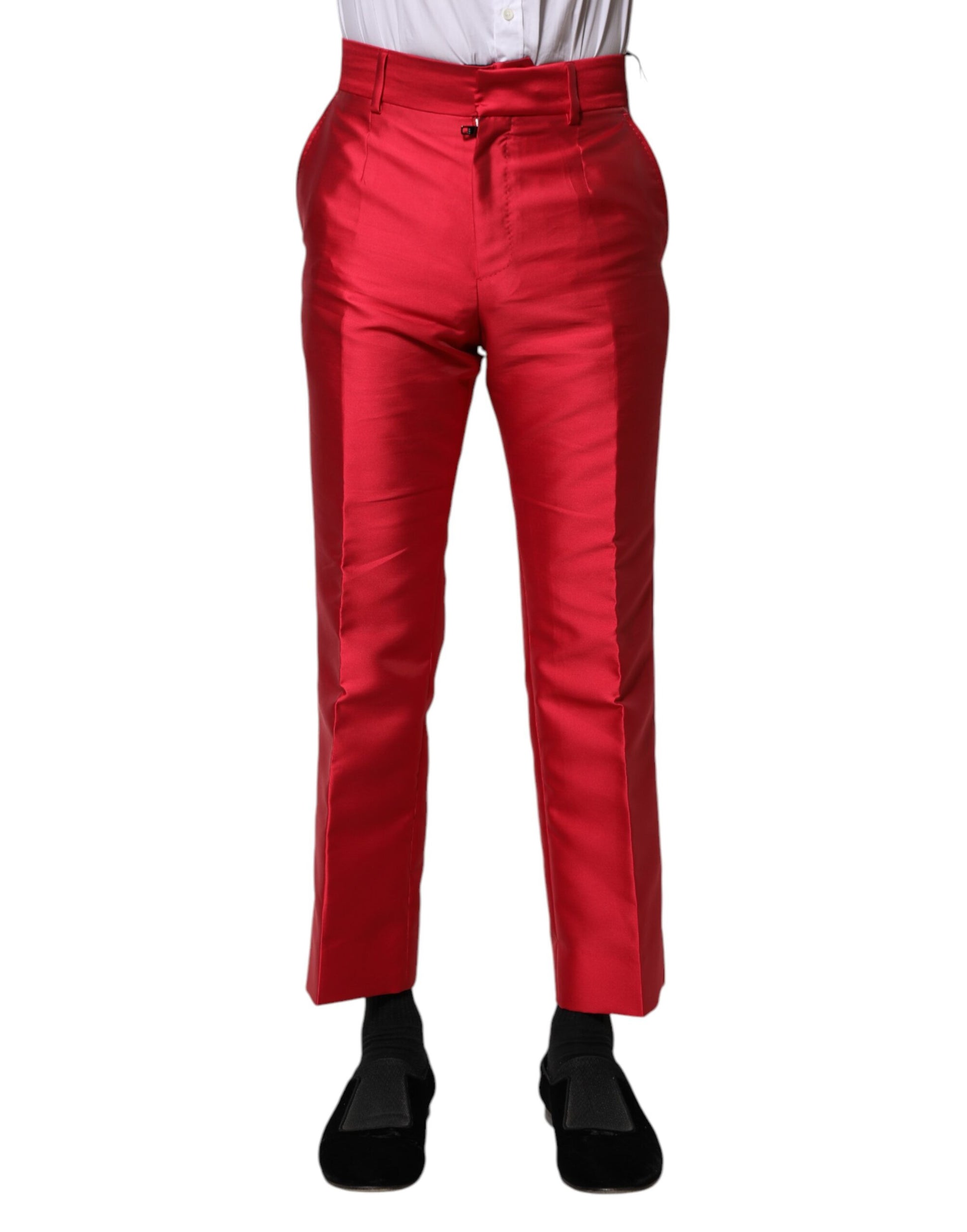 Red polyester cropped dress pants with zipper details on legs