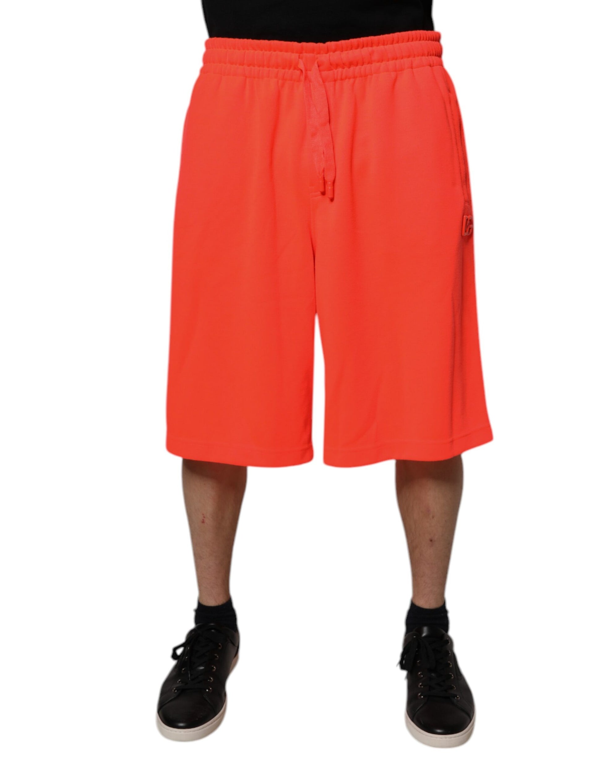 Red polyester mid waist men's bermuda shorts with drawstring
