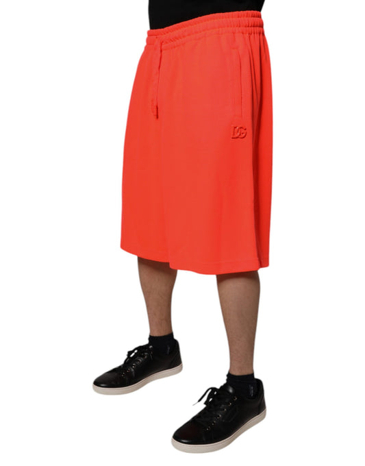 Red polyester mid waist men's bermuda shorts with black laces and white logo