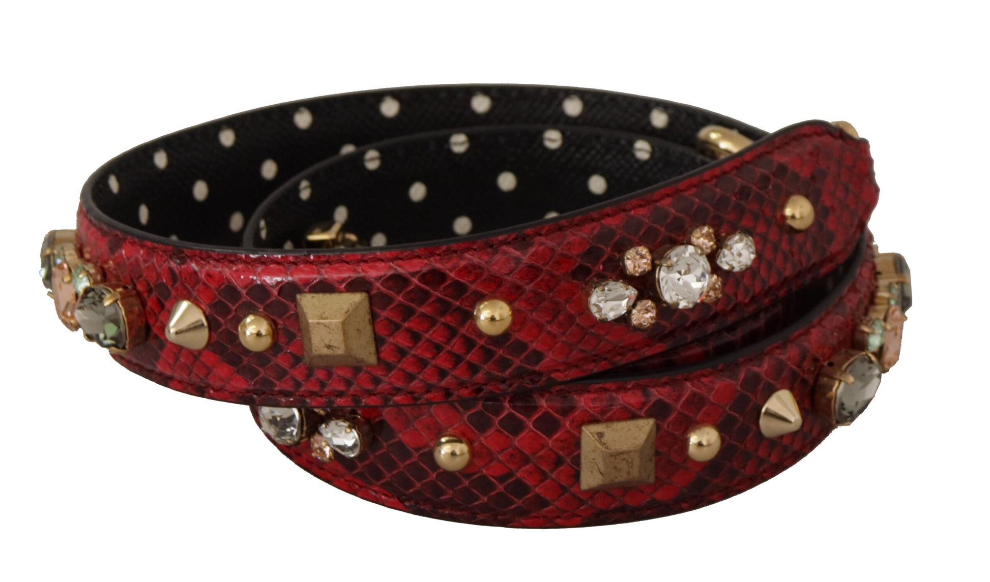 Red snake skin bracelet with gold studs and rhinestones
