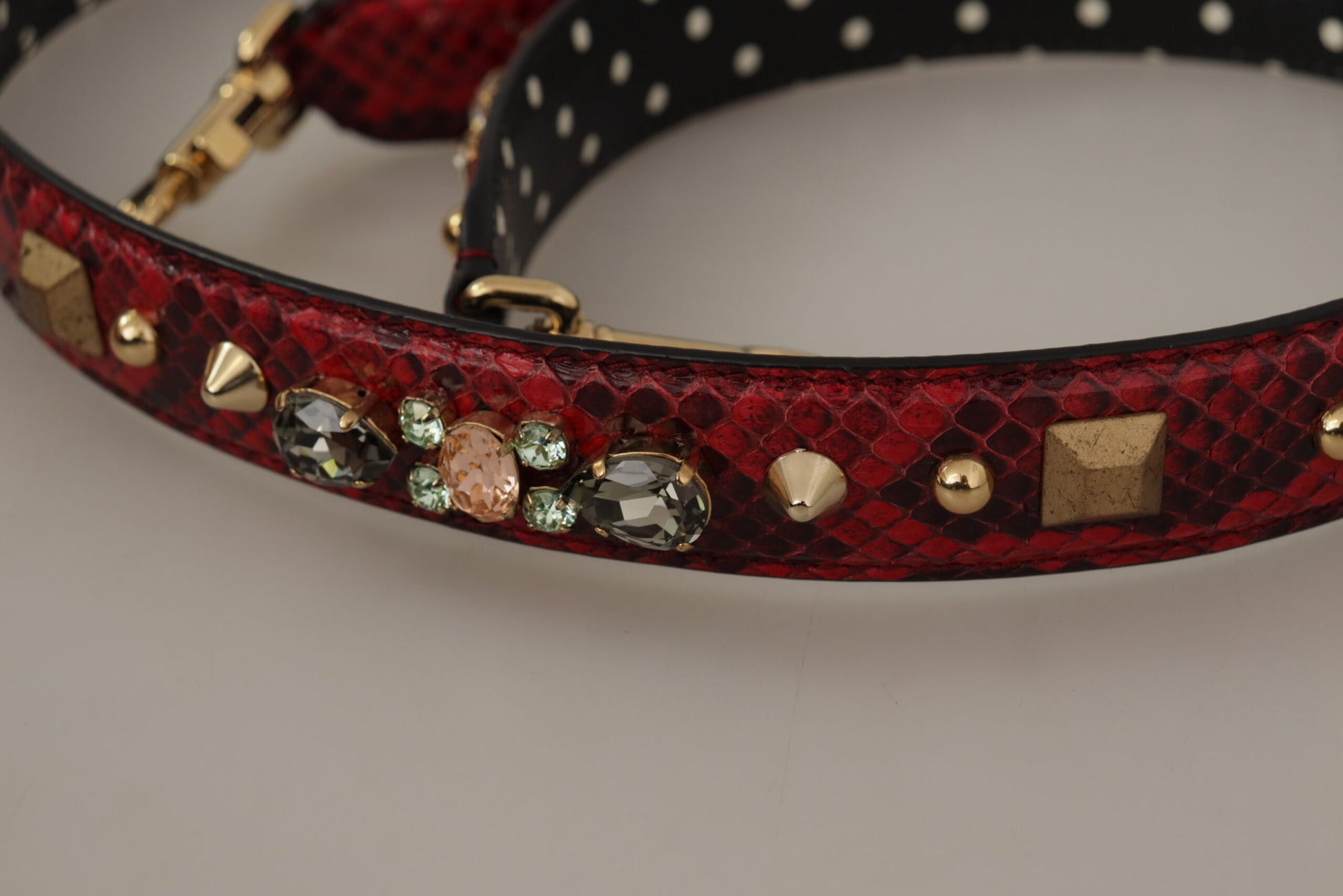 Red dog collar with black polka dots and gold accents