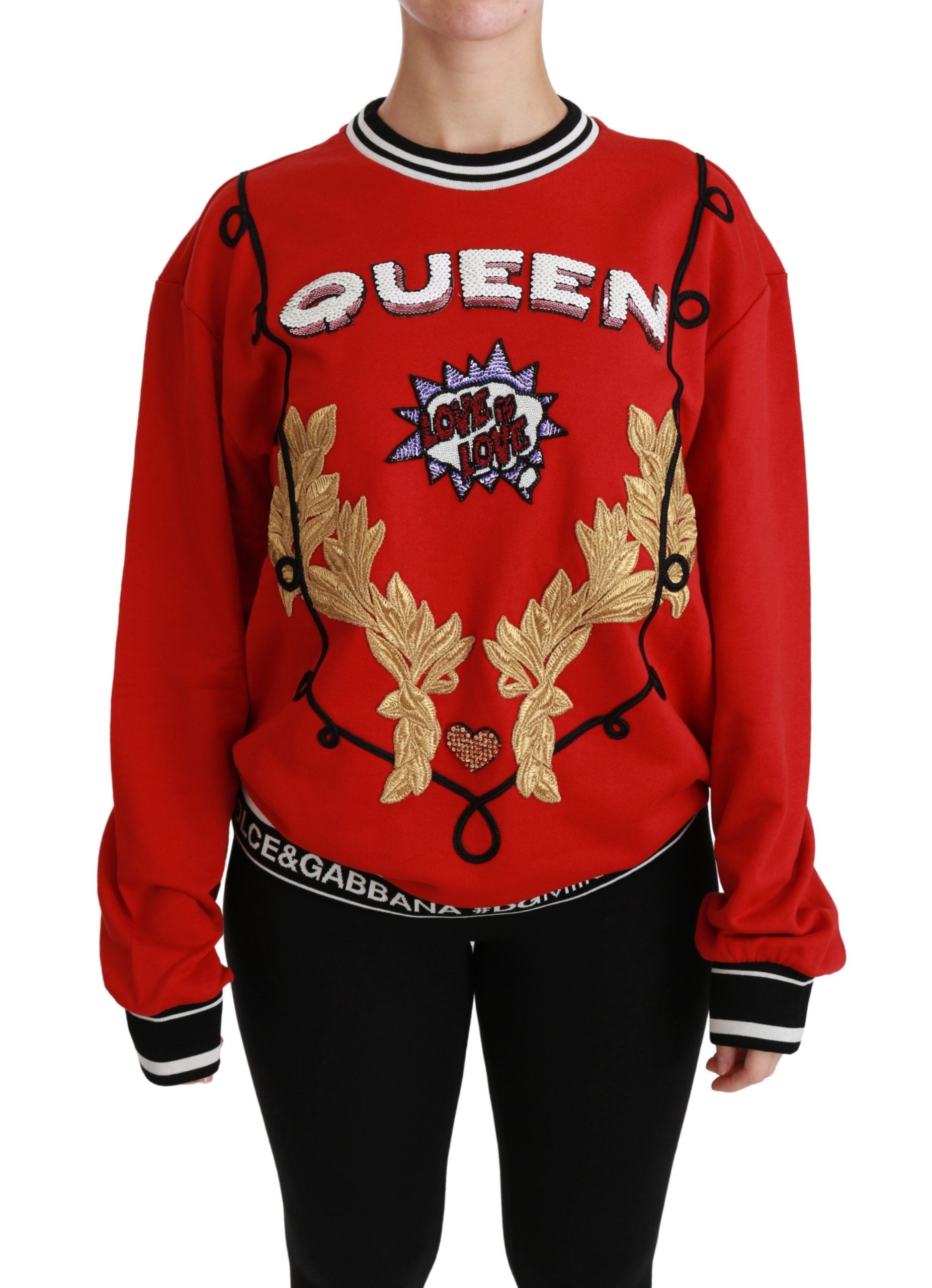 Red sweater with Queen logo and gold design on front