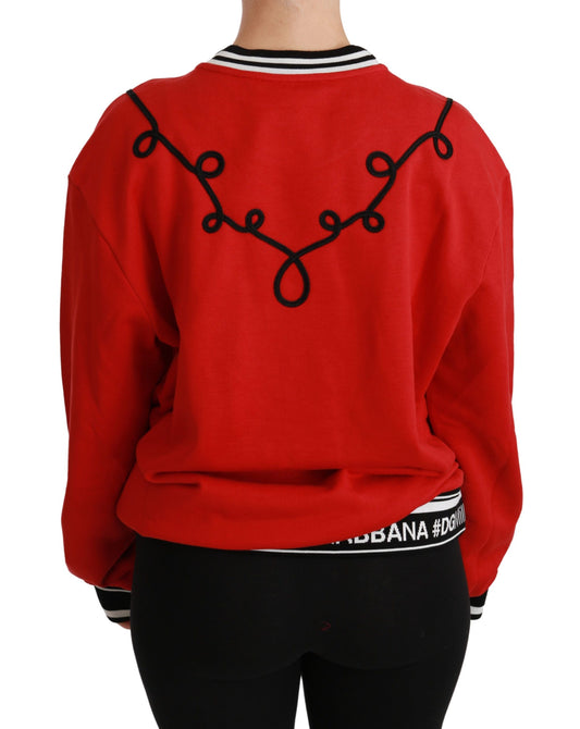 Red sweatshirt with black embroidery on back