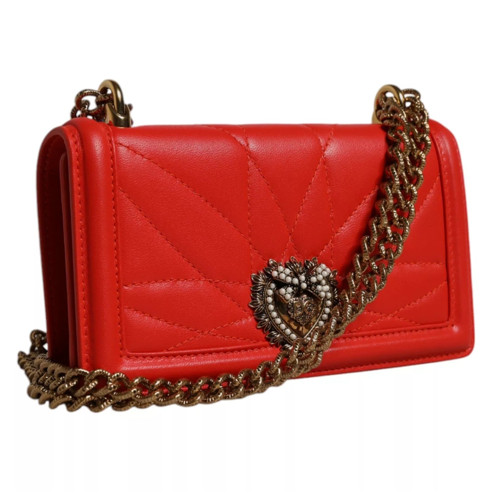 Red leather handbag with chain strap and heart embellishment