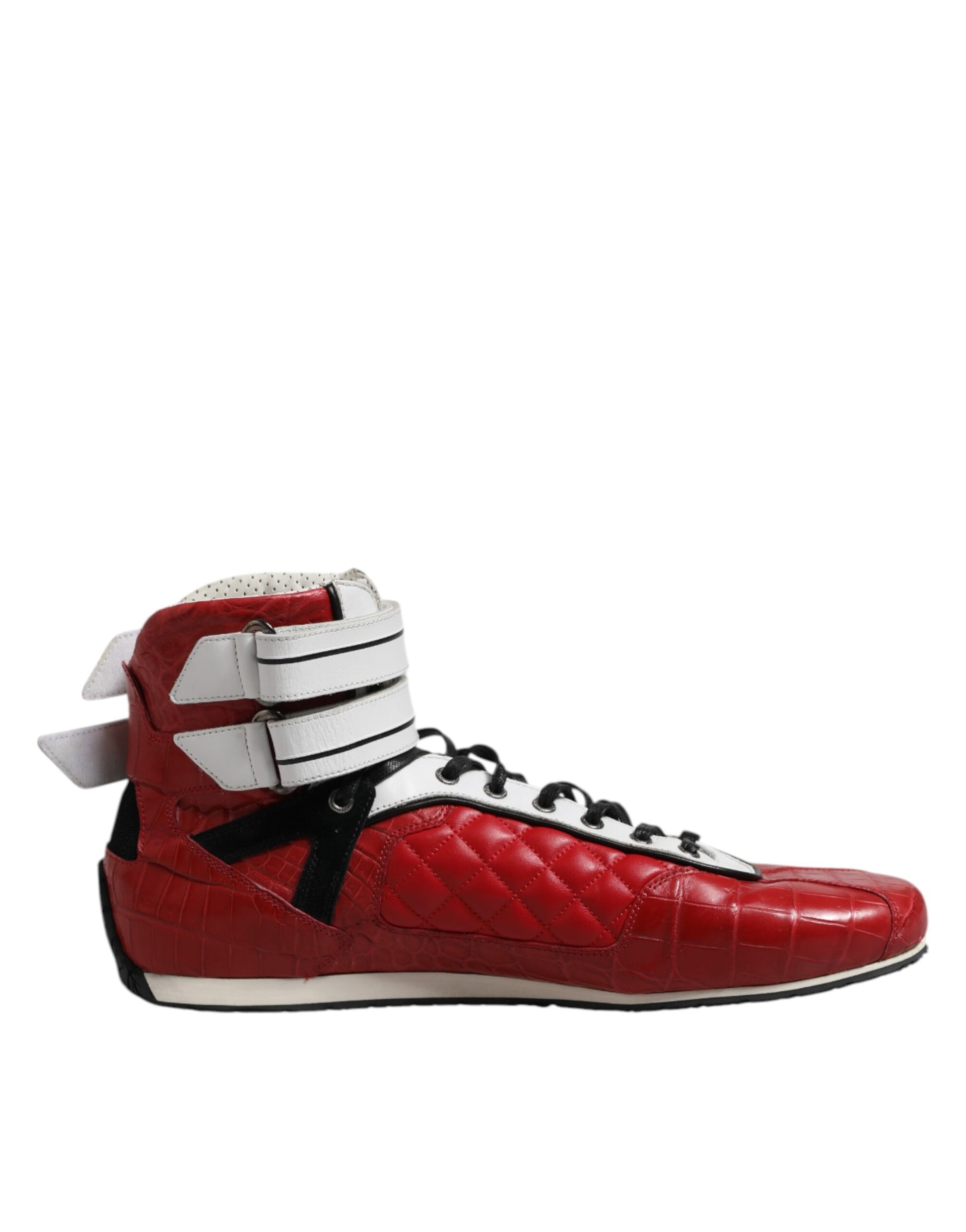 Red high top sneaker with white laces and white sole