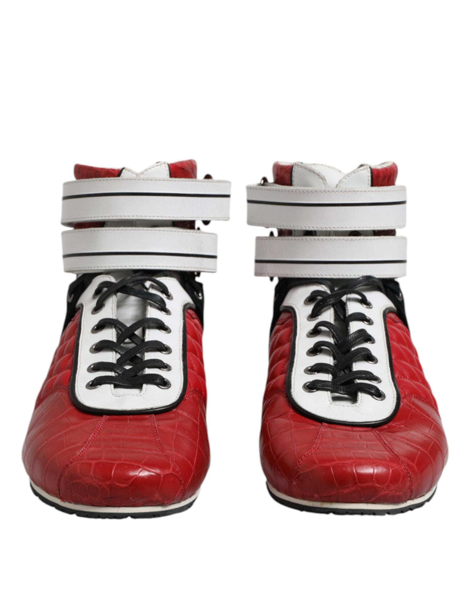 Red high top sneakers with white laces