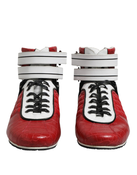 Red high top sneakers with white laces