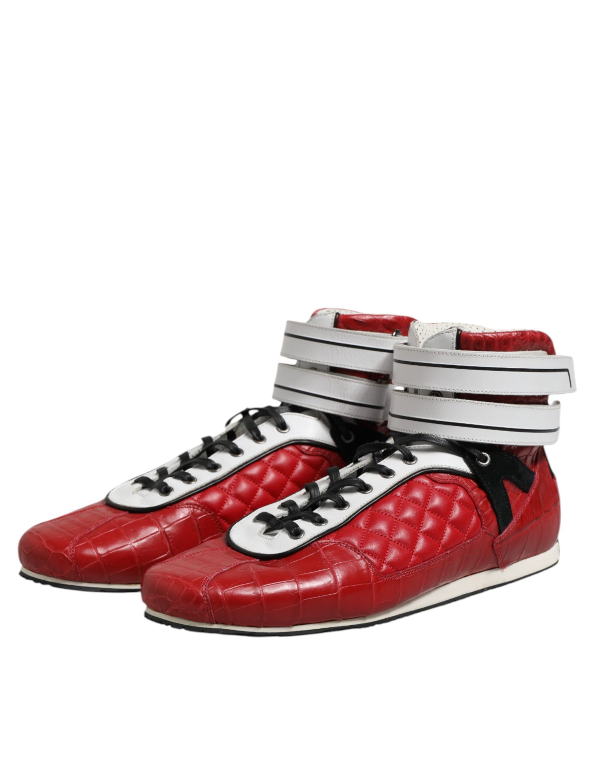 Red high top sneakers with white laces