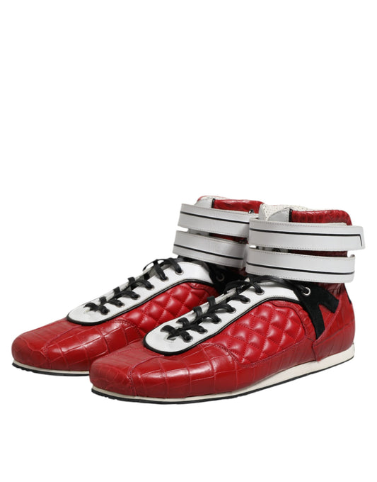 Red high top sneakers with white laces