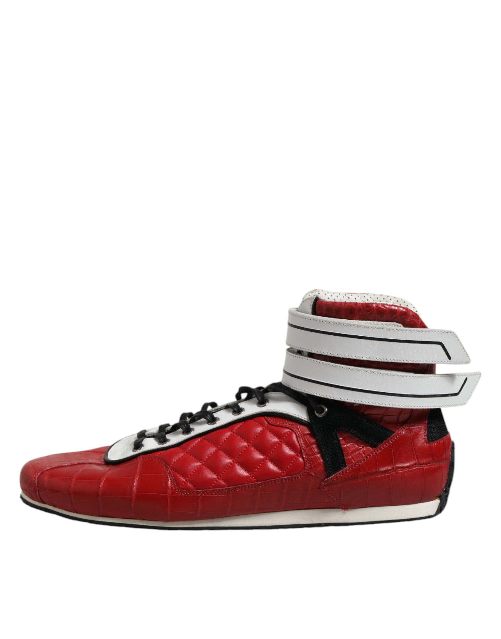 Red high top sneakers with white laces