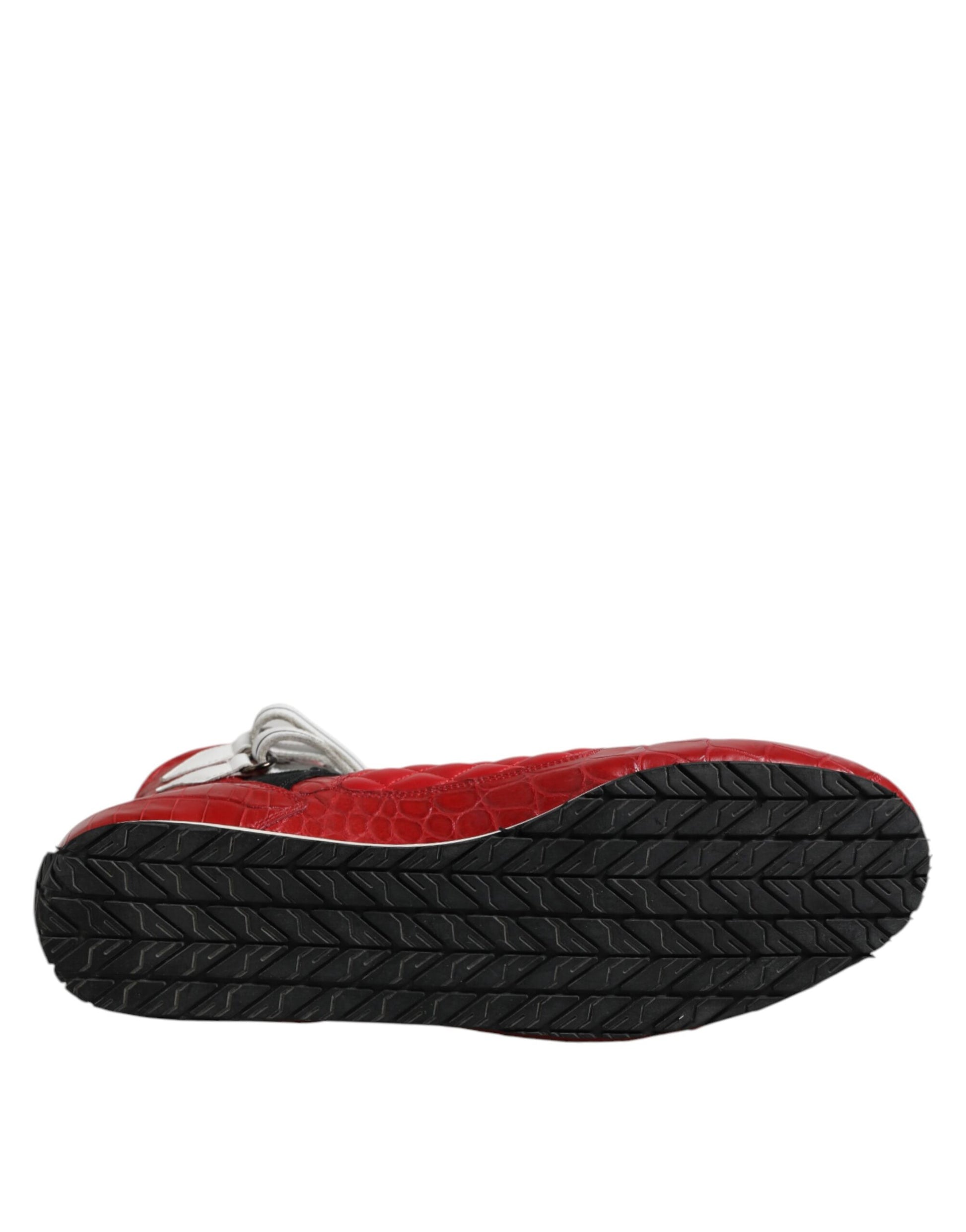 Red and black shoe with white sole