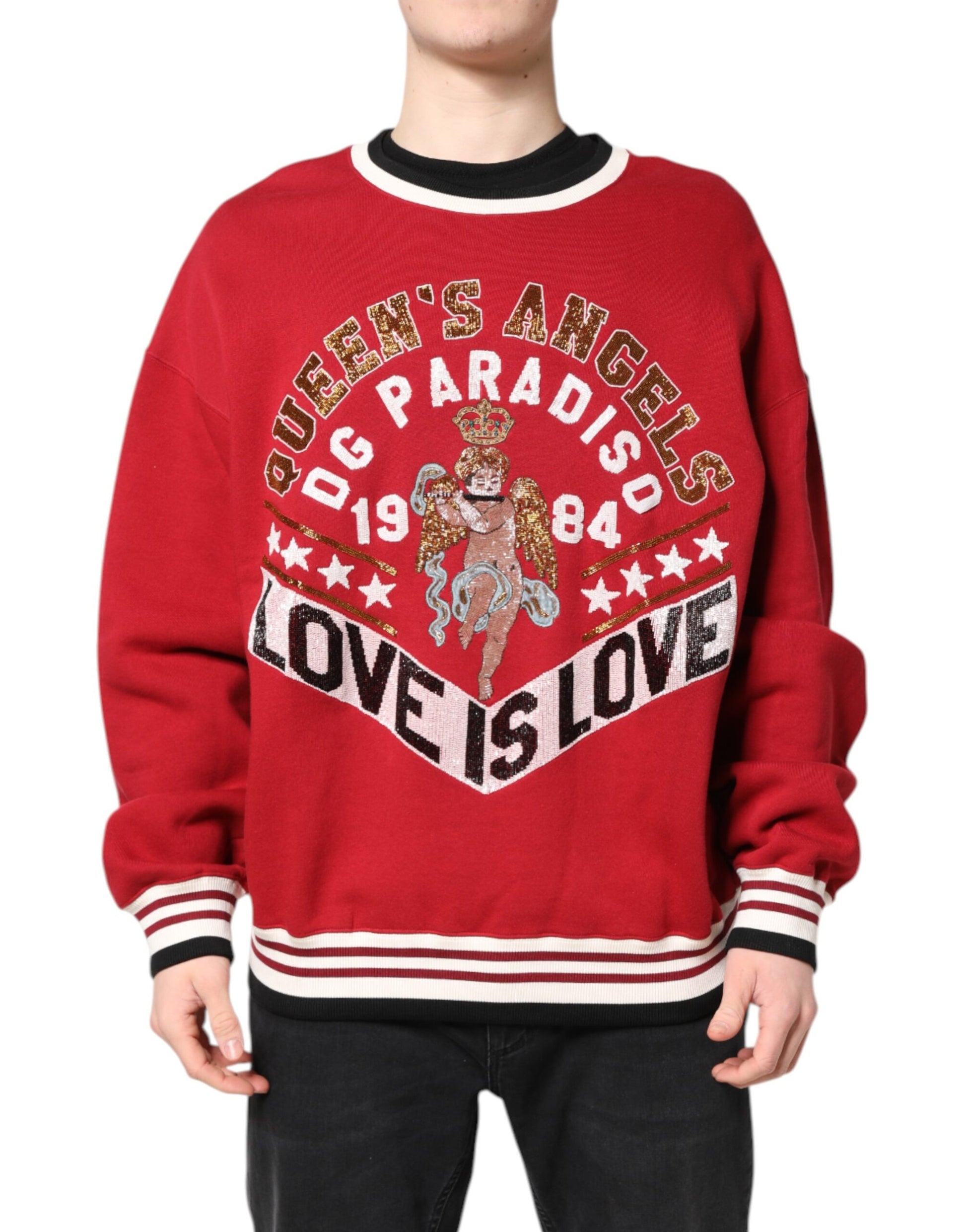 Red sweater with "Love is Love" graphic on front