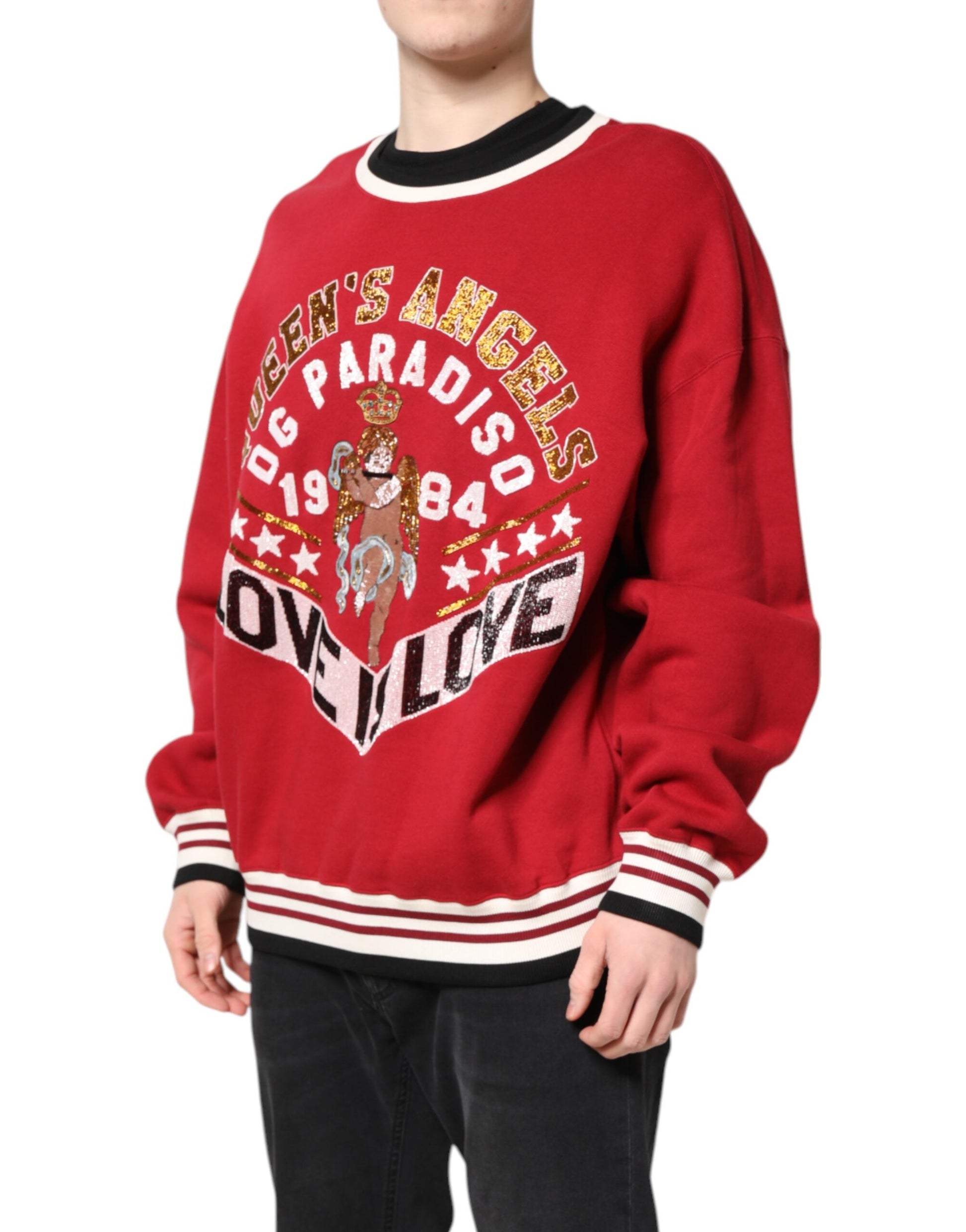 Red sweater with graphic design featuring a dog, stars, and text
