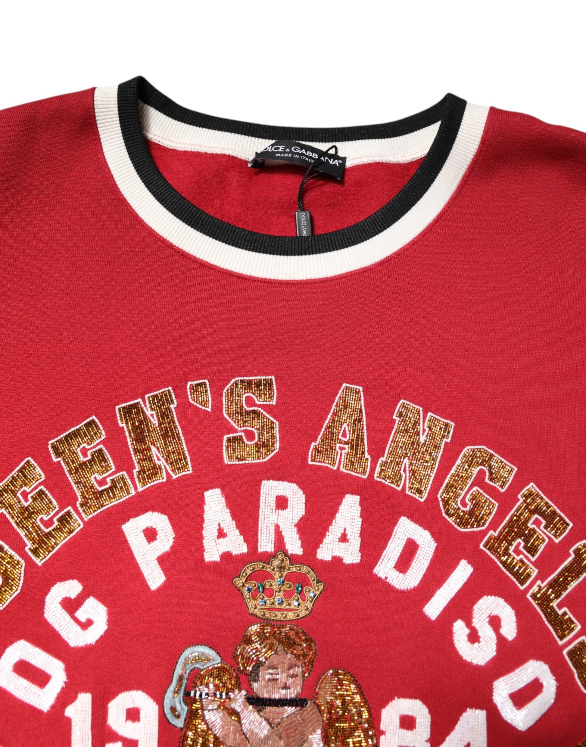 Red sweater with gold lettering and graphic