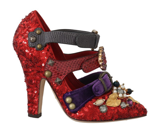 Red glittery high heel shoes with straps and buckles