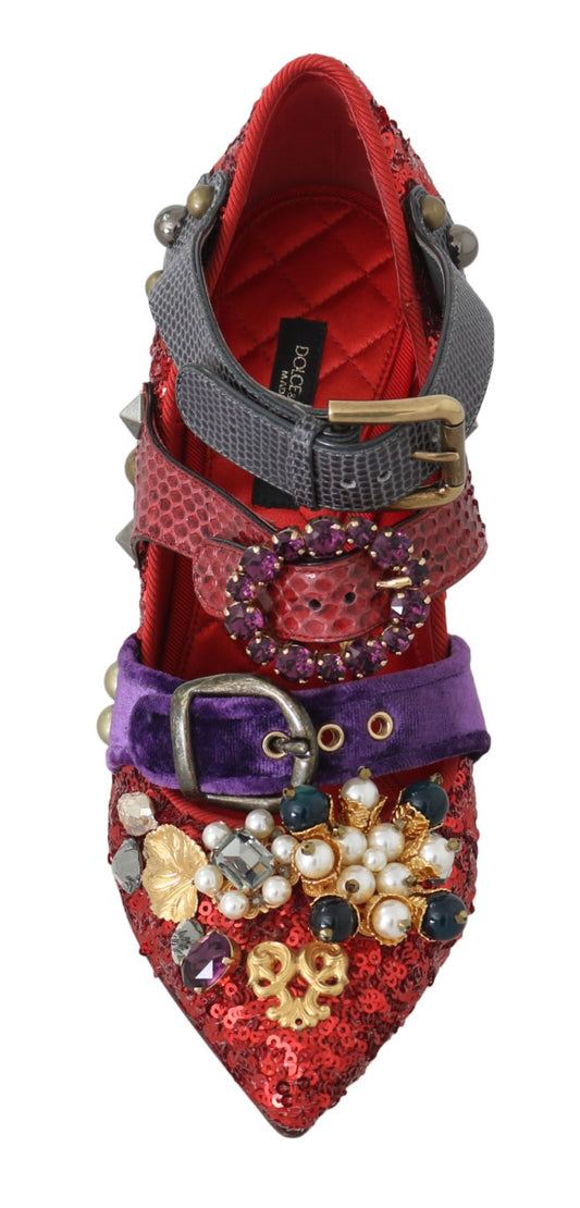 Red high heel shoe with multiple straps and embellishments
