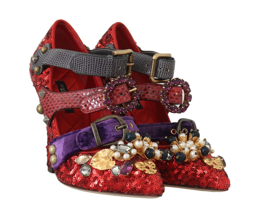 Pair of red shoes with straps and buckles, adorned with jewels and sequins