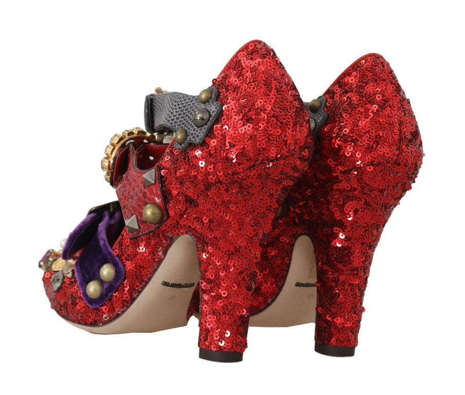 Red glittery shoes with straps and buckles