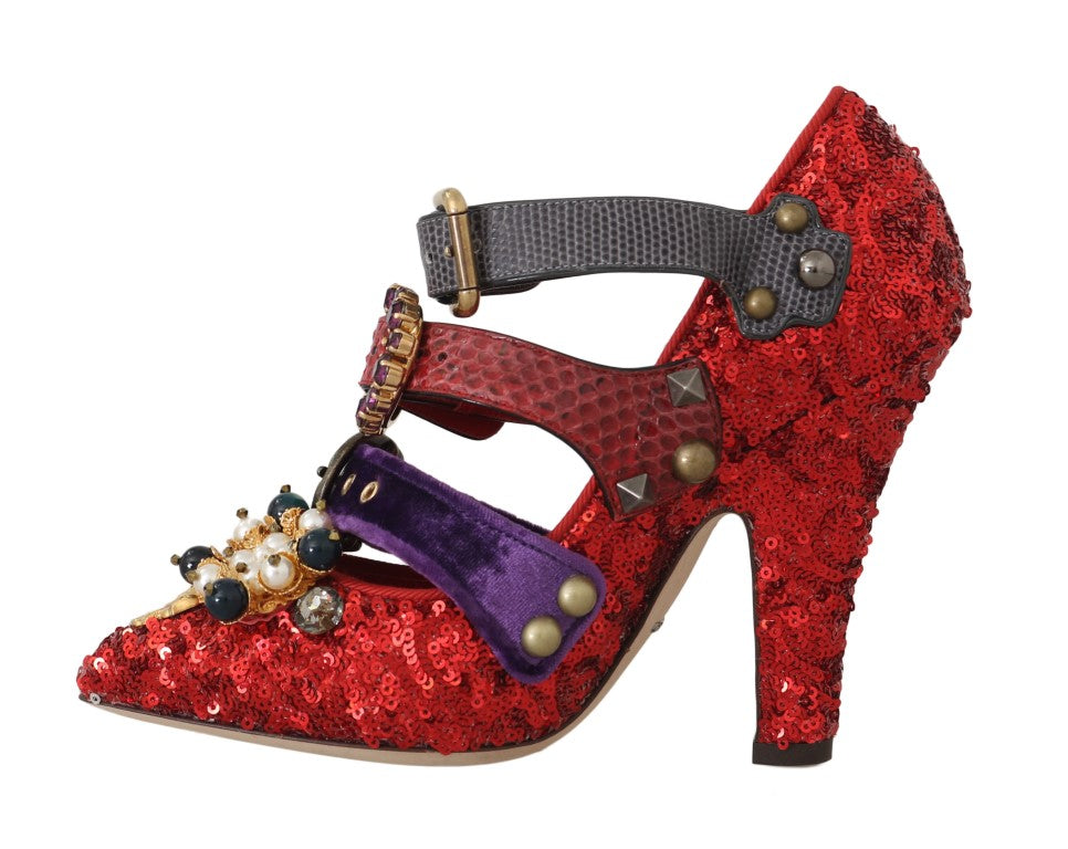 Red glittery high heel shoes with straps and buckles