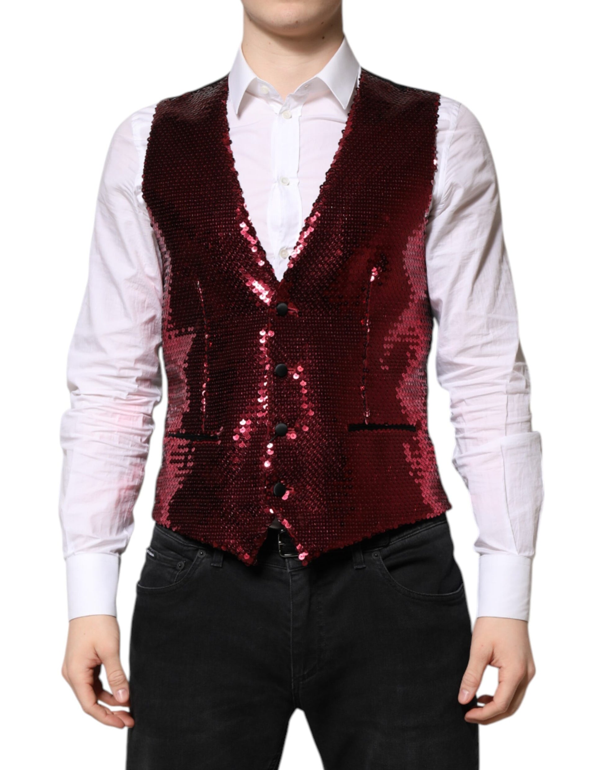 A red sequined vest for men, part of a formal wear collection