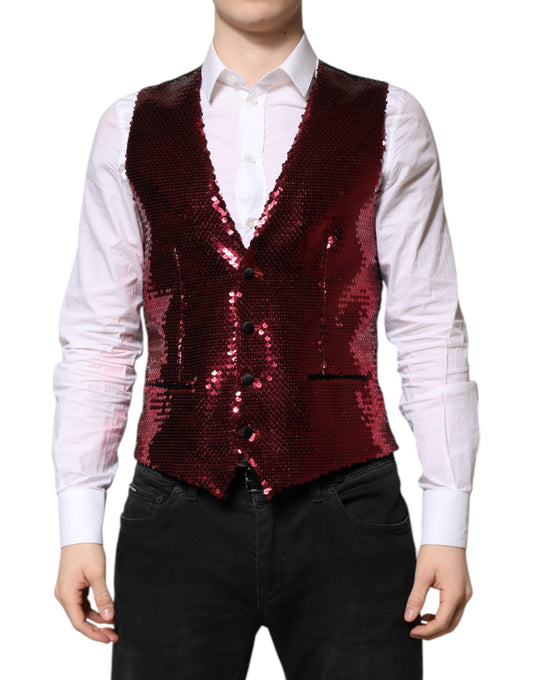 A red sequined vest for men, part of a formal wear collection