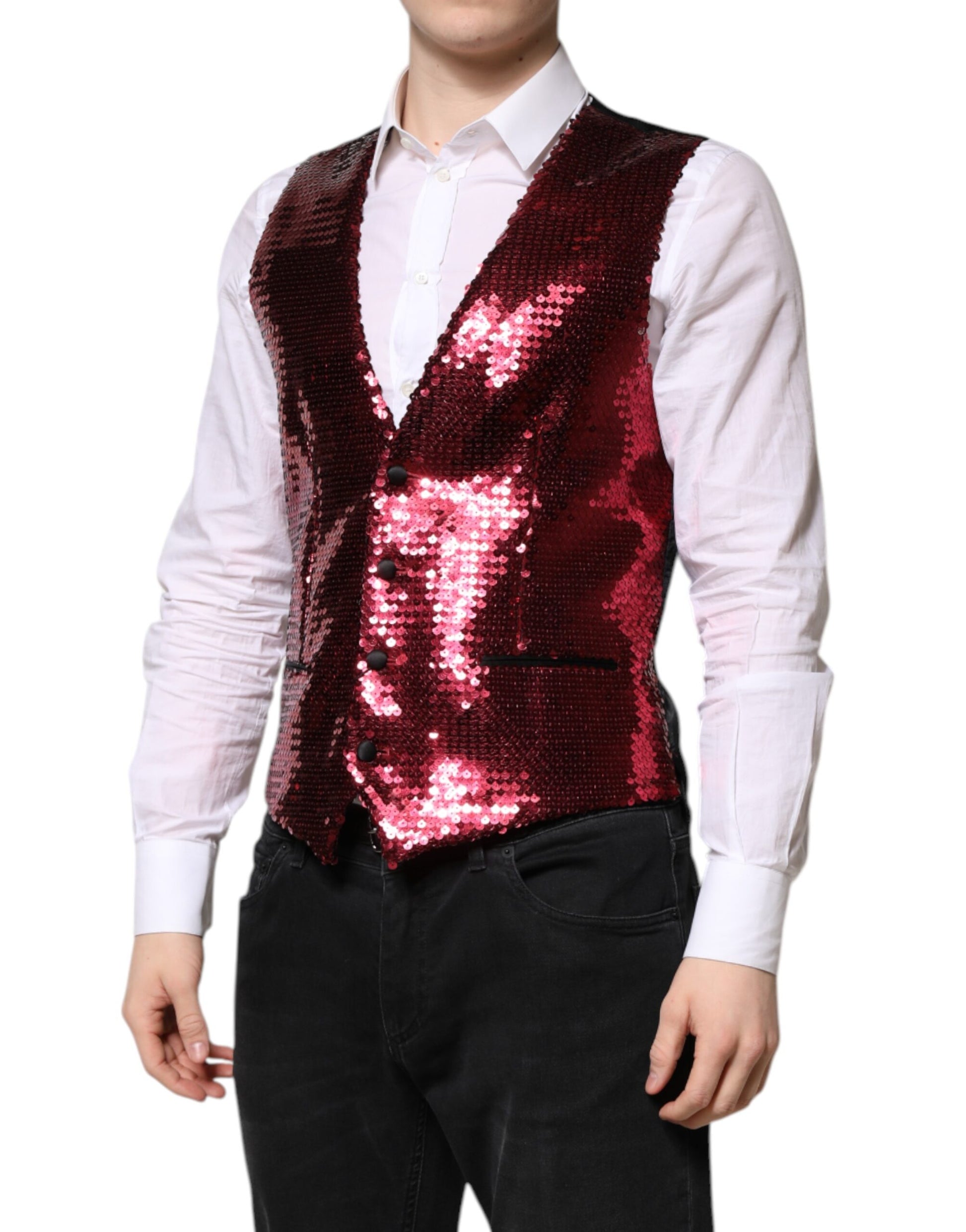 A mannequin wearing a red sequined vest with long sleeves