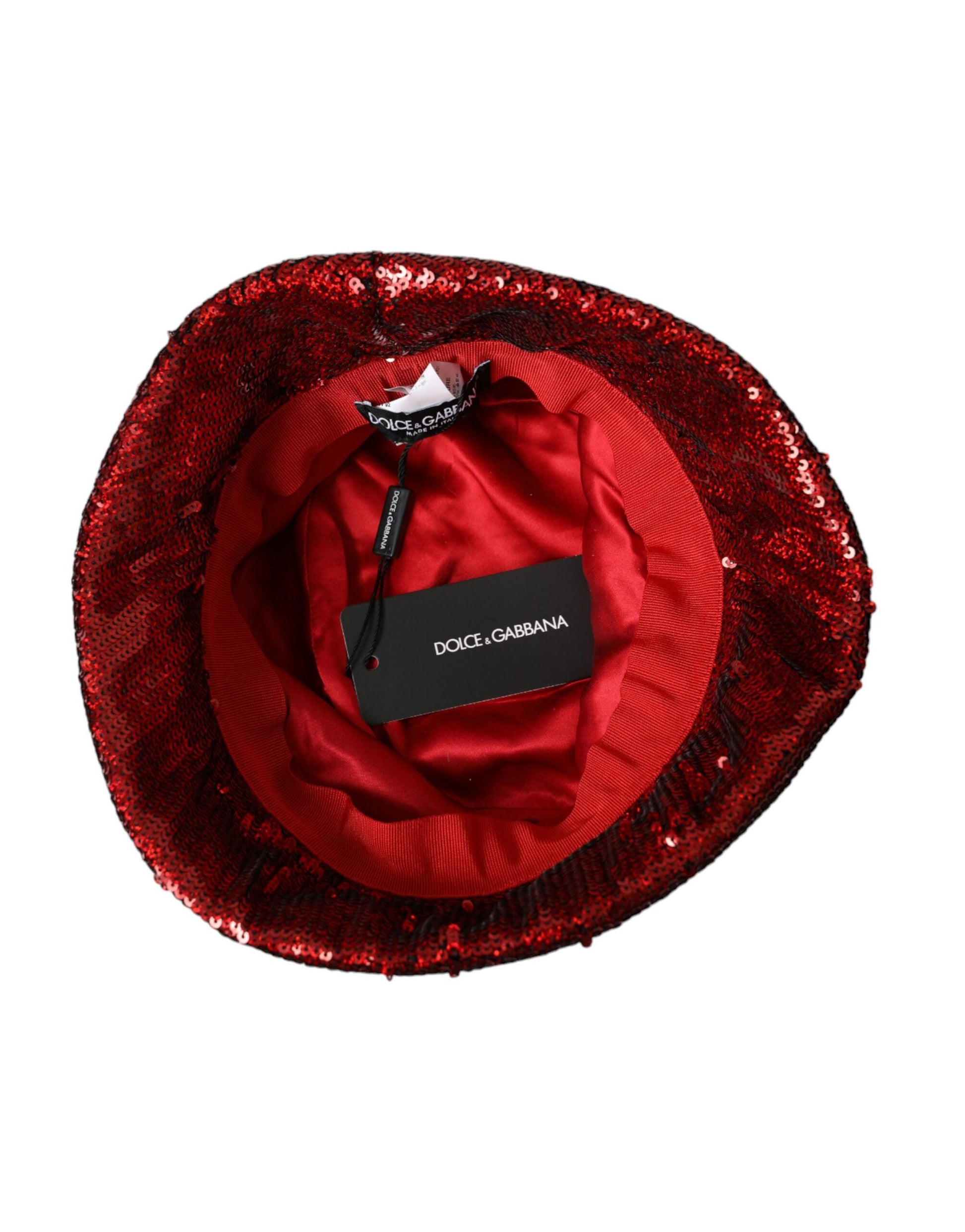 Red sequined hat with black label
