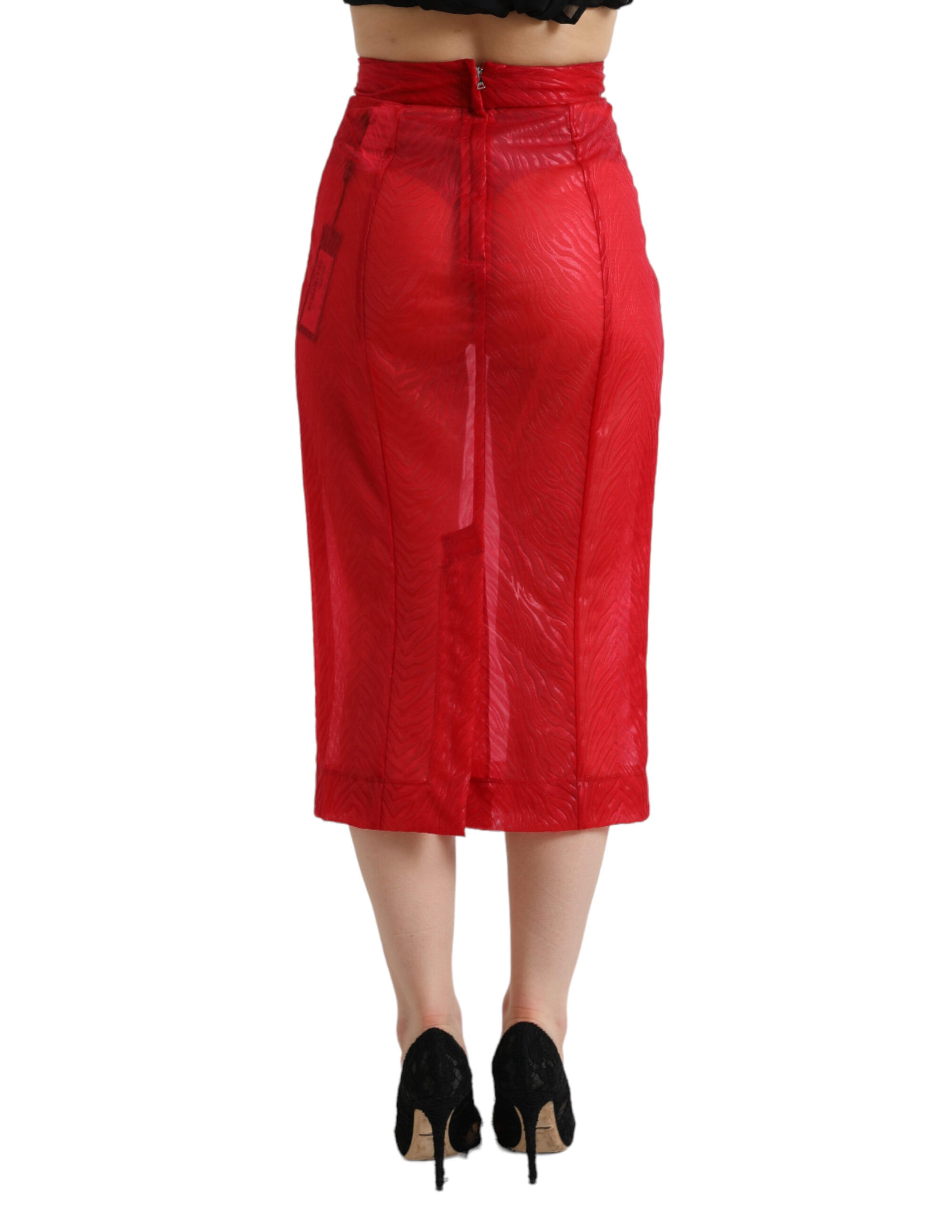 Red pleated skirt worn by a woman