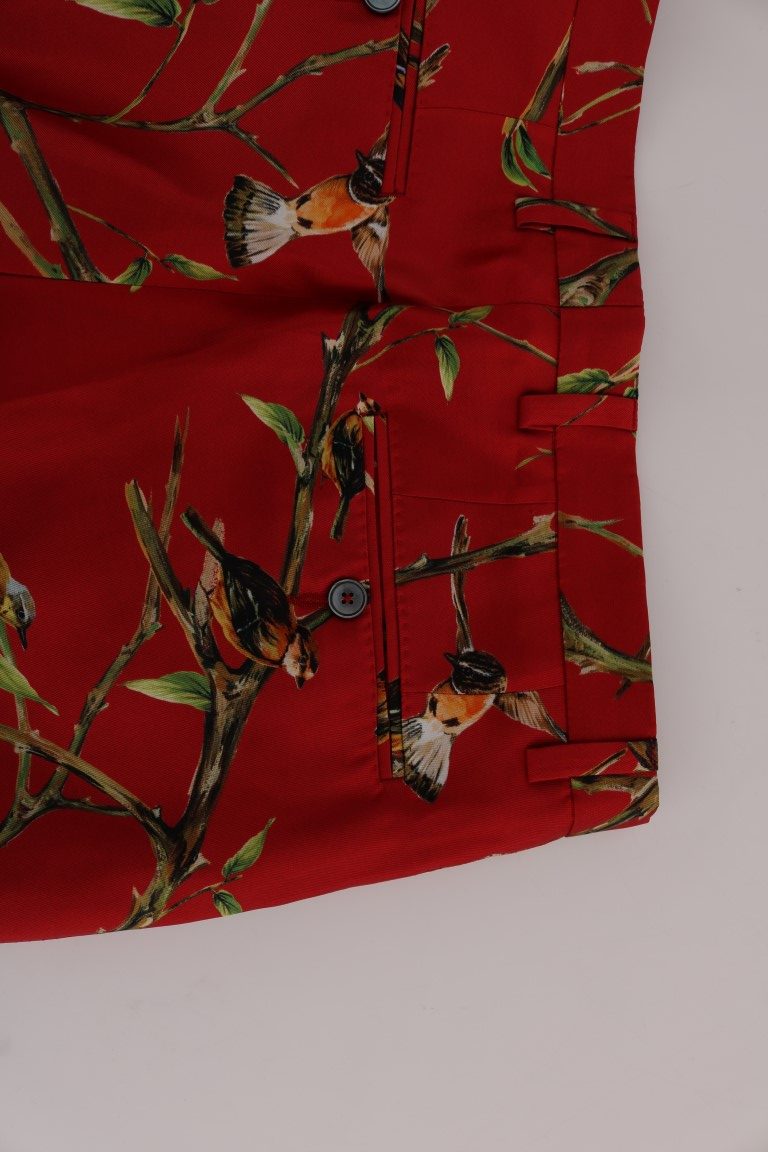 Red jacket with bird print on sleeve